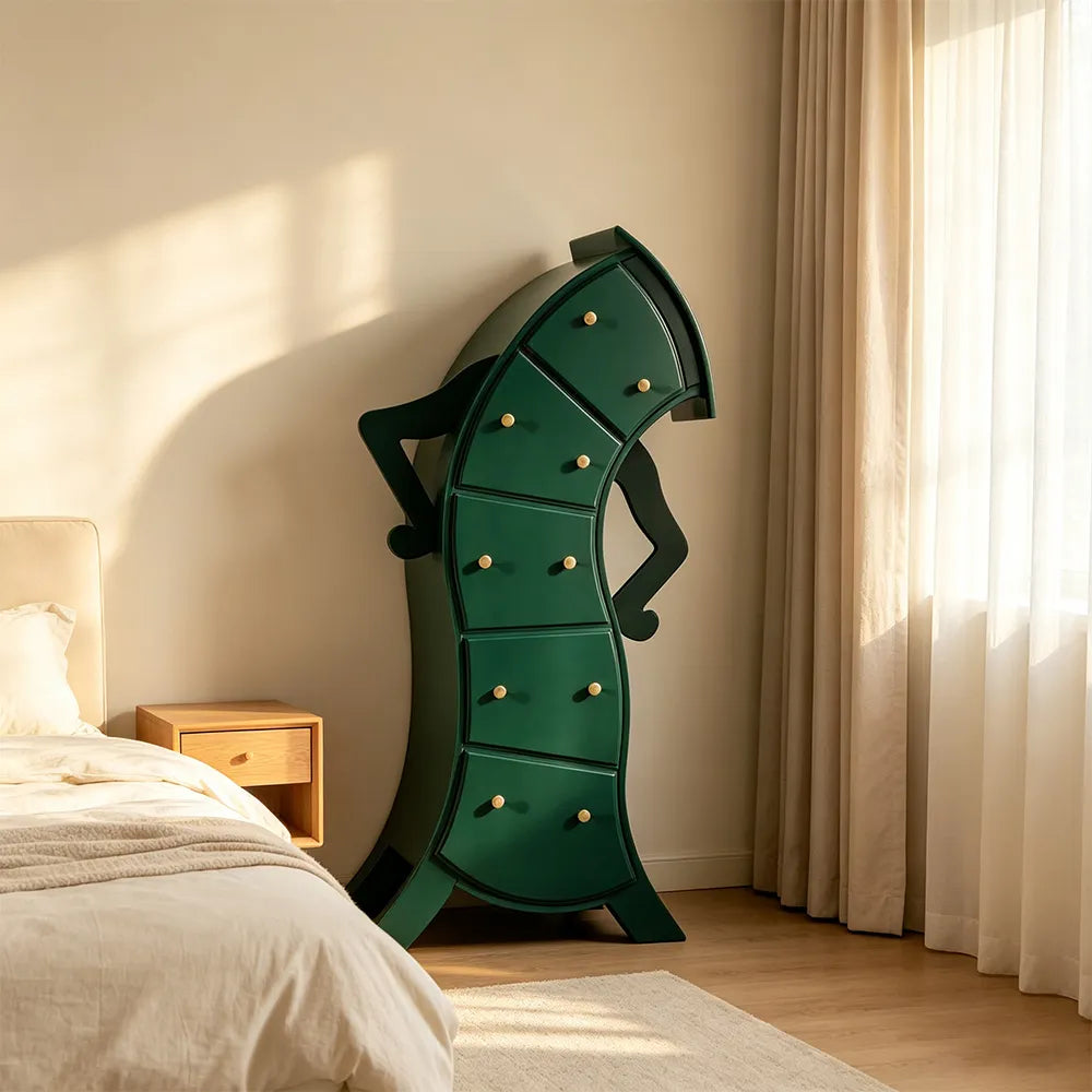 LIVARA Walnut 5-Drawer Storage Cabinet - Unique Curved Design with Brass Handles for Bedroom & Living Room - Green