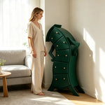 LIVARA Walnut 5-Drawer Storage Cabinet - Unique Curved Design with Brass Handles for Bedroom & Living Room - Green