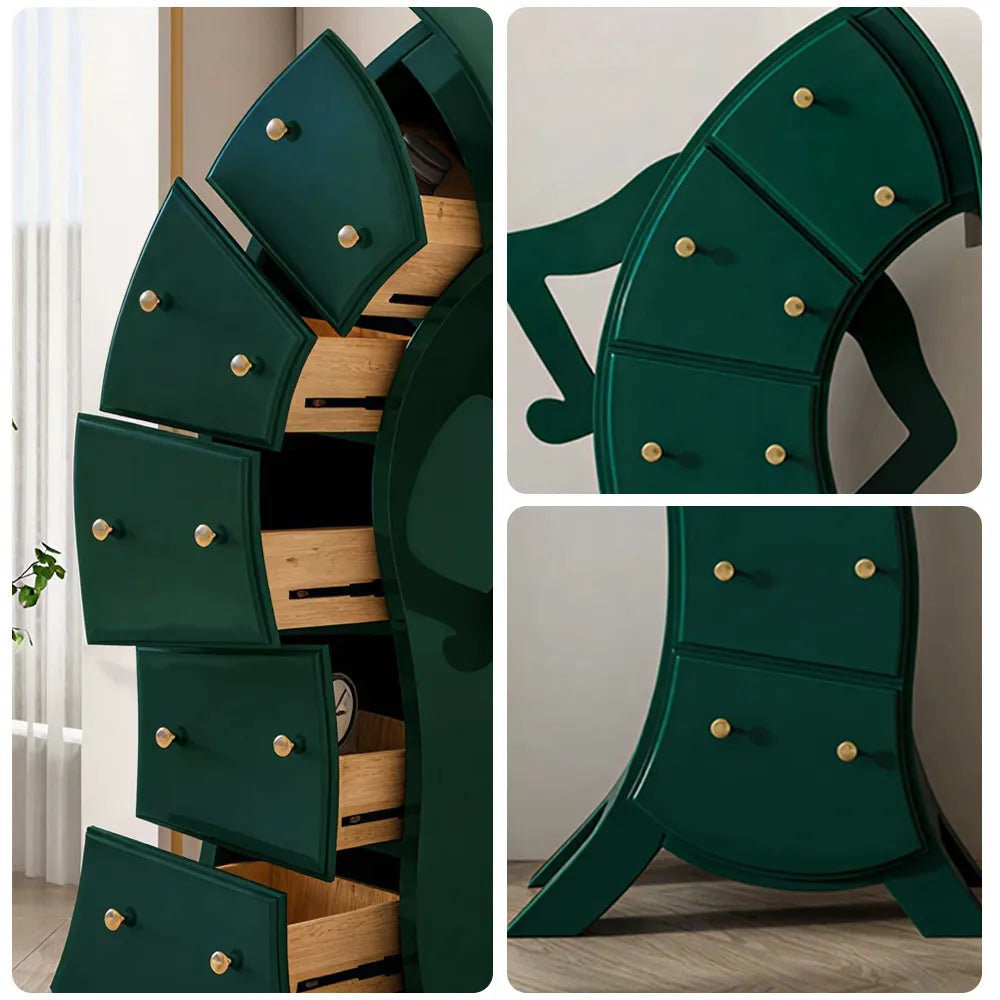 LIVARA Walnut 5-Drawer Storage Cabinet - Unique Curved Design with Brass Handles for Bedroom & Living Room - Green