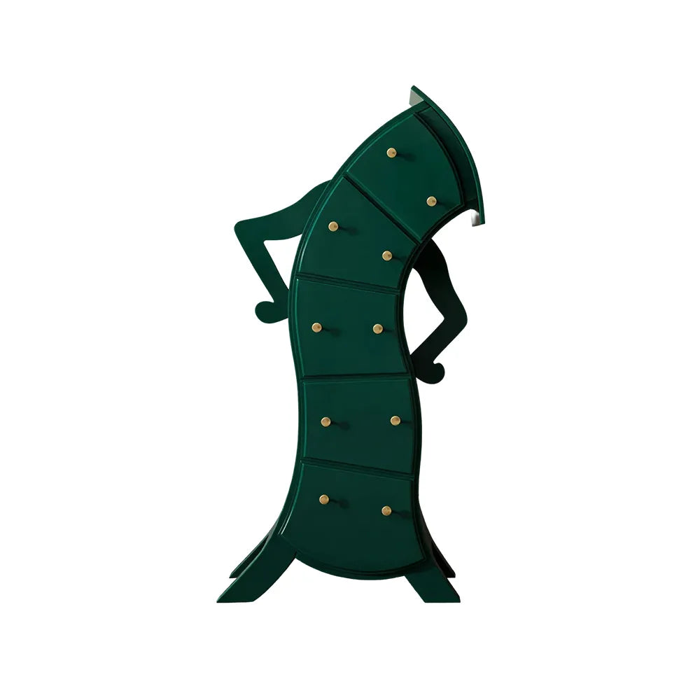 LIVARA Walnut 5-Drawer Storage Cabinet - Unique Curved Design with Brass Handles for Bedroom & Living Room - Green