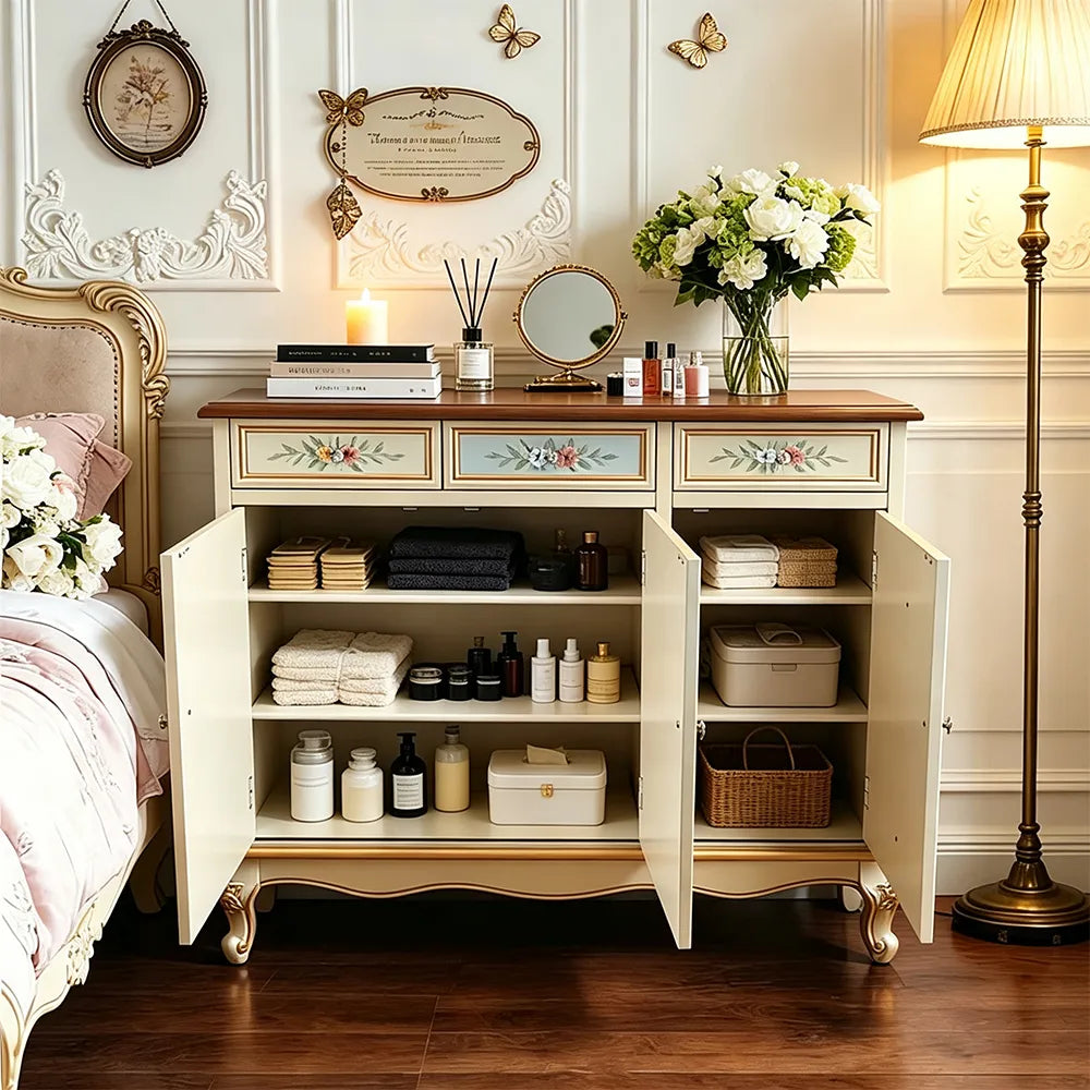 LIVARA 120cm 3-Drawer 3-Door Storage Cabinet - Vintage Floral Design with Solid Wood Frame for Living Room & Entryway - Champagne Gold