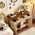LIVARA 120cm 3-Drawer 3-Door Storage Cabinet - Vintage Floral Design with Solid Wood Frame for Living Room & Entryway - Champagne Gold