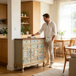 LIVARA 120cm 3-Drawer 3-Door Storage Cabinet - Vintage Floral Design with Solid Wood Frame for Living Room & Entryway - Champagne Gold