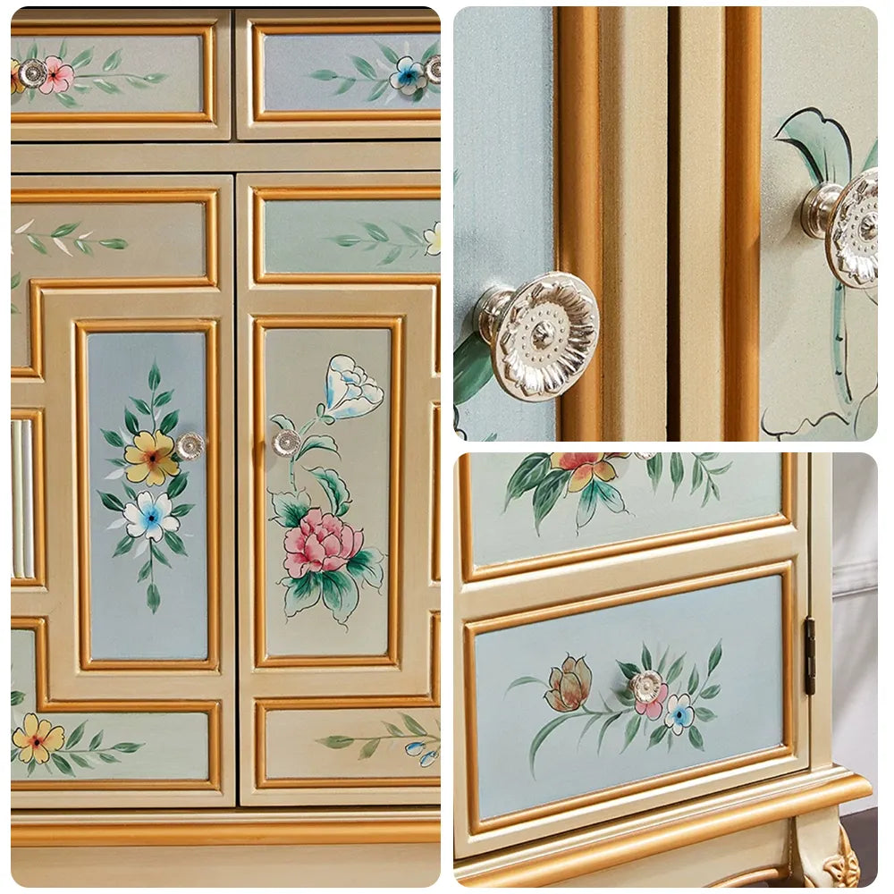 LIVARA 120cm 3-Drawer 3-Door Storage Cabinet - Vintage Floral Design with Solid Wood Frame for Living Room & Entryway - Champagne Gold