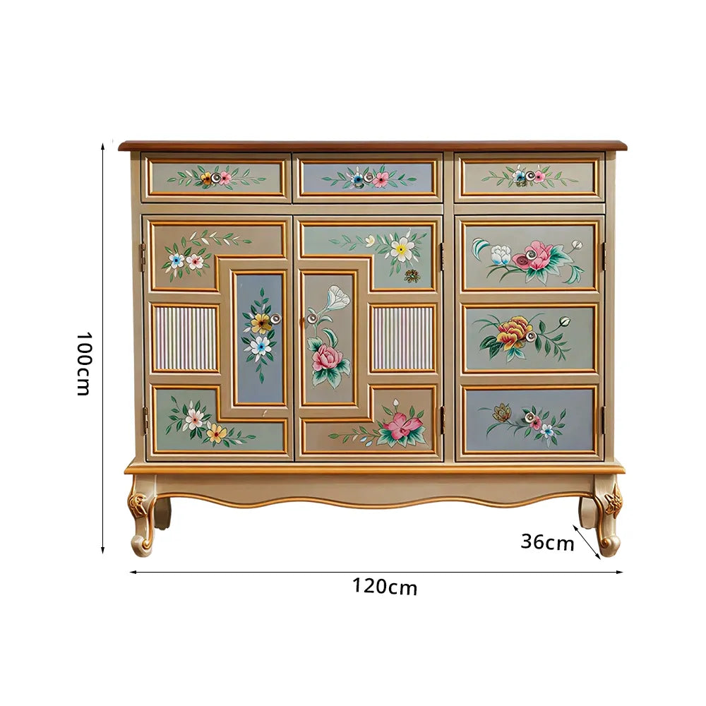 LIVARA 120cm 3-Drawer 3-Door Storage Cabinet - Vintage Floral Design with Solid Wood Frame for Living Room & Entryway - Champagne Gold