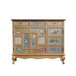 LIVARA 120cm 3-Drawer 3-Door Storage Cabinet - Vintage Floral Design with Solid Wood Frame for Living Room & Entryway - Champagne Gold