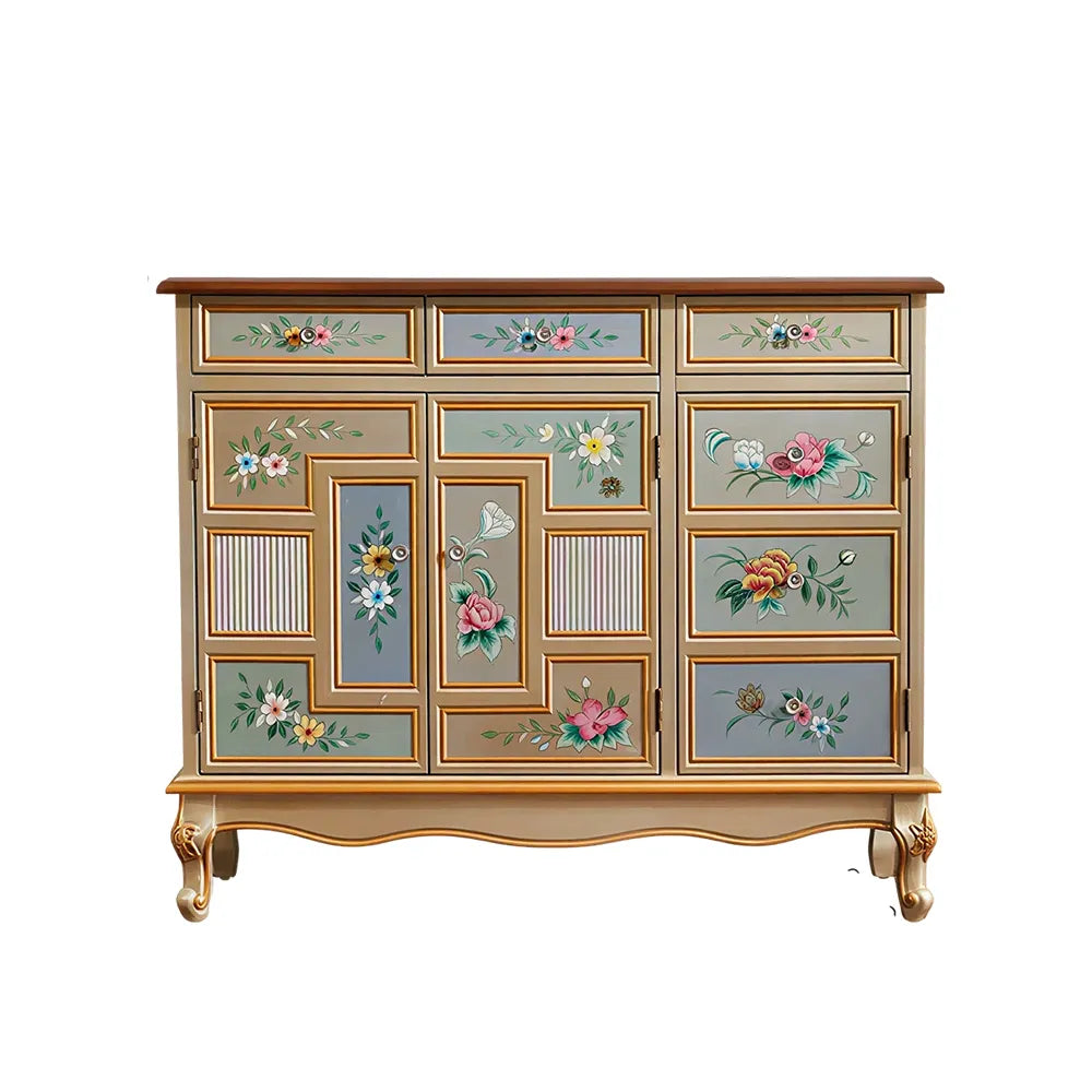 LIVARA 120cm 3-Drawer 3-Door Storage Cabinet - Vintage Floral Design with Solid Wood Frame for Living Room & Entryway - Champagne Gold