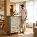 LIVARA 86cm 2-Drawer 2-Door Storage Cabinet - Vintage Floral Design with Solid Wood Frame for Living Room & Entryway - Champagne Gold