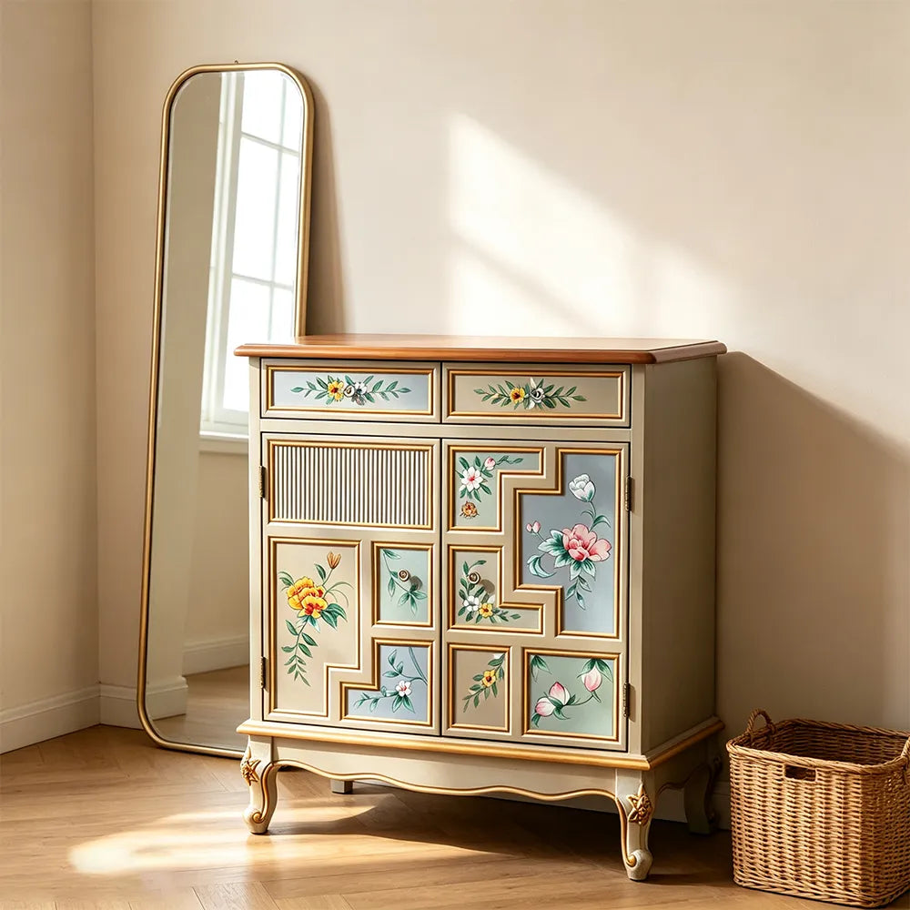 LIVARA 86cm 2-Drawer 2-Door Storage Cabinet - Vintage Floral Design with Solid Wood Frame for Living Room & Entryway - Champagne Gold