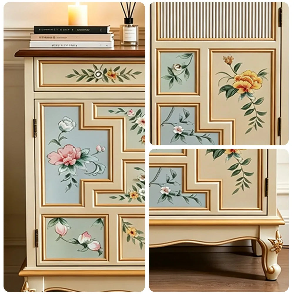 LIVARA 86cm 2-Drawer 2-Door Storage Cabinet - Vintage Floral Design with Solid Wood Frame for Living Room & Entryway - Champagne Gold