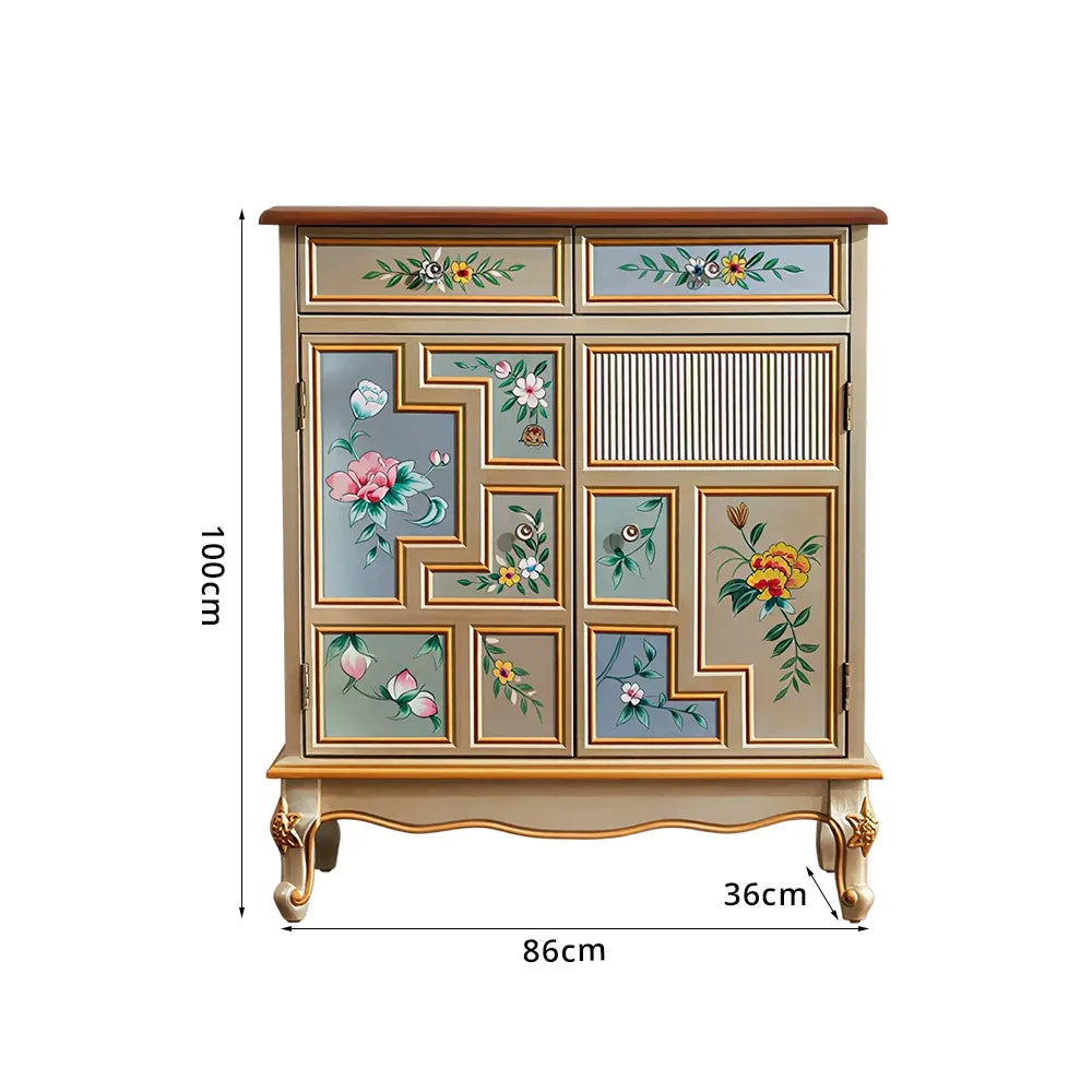 LIVARA 86cm 2-Drawer 2-Door Storage Cabinet - Vintage Floral Design with Solid Wood Frame for Living Room & Entryway - Champagne Gold