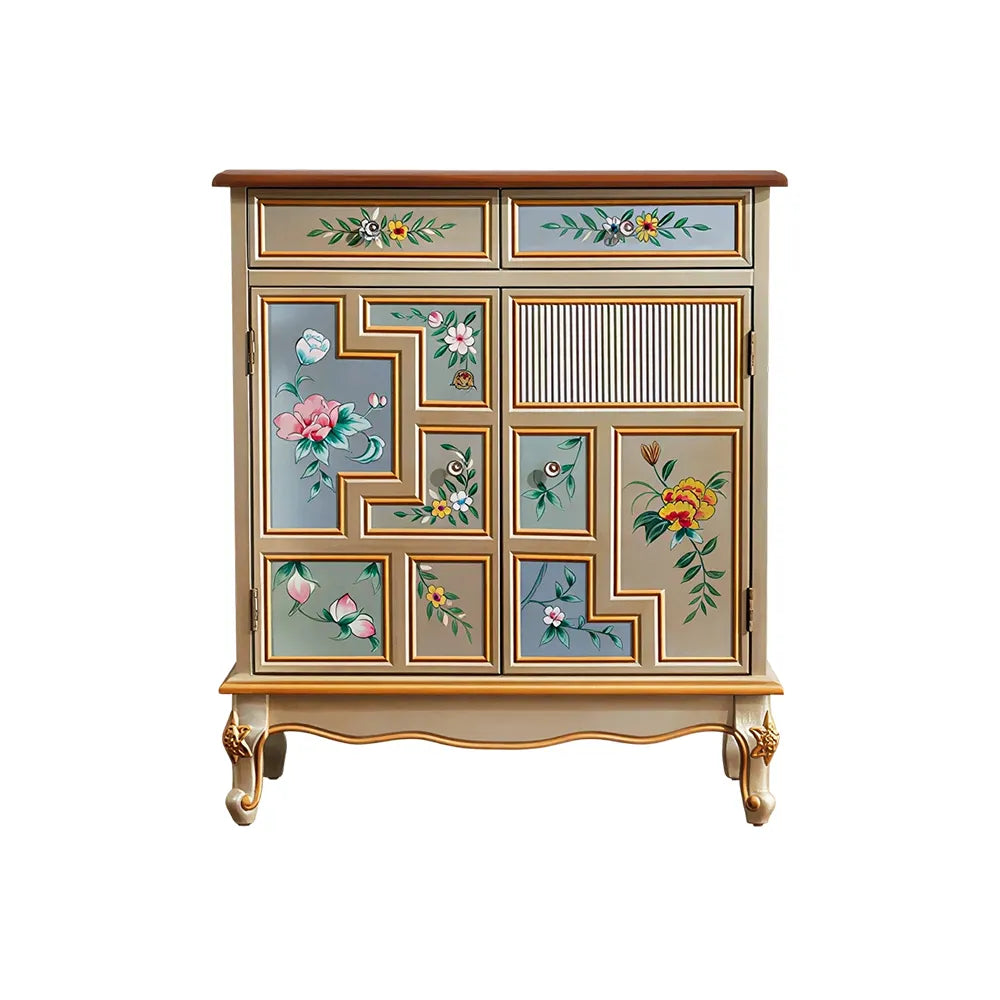 LIVARA 86cm 2-Drawer 2-Door Storage Cabinet - Vintage Floral Design with Solid Wood Frame for Living Room & Entryway - Champagne Gold