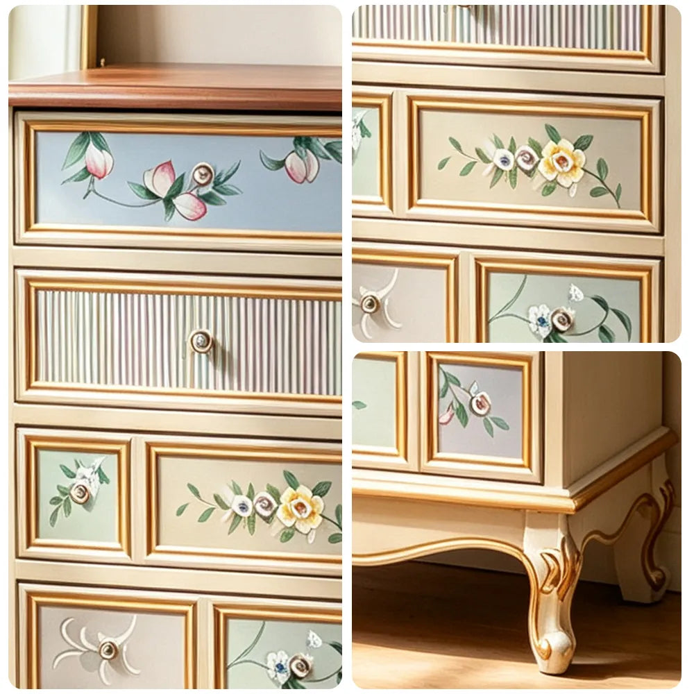 LIVARA 60cm 5-Drawer Storage Cabinet - Vintage Floral Design with Solid Wood Frame & Metal Handles for Bedroom - Champagne Gold