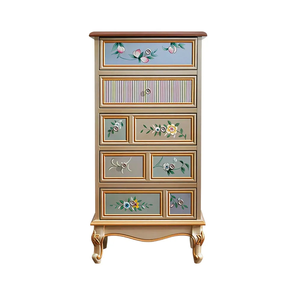 LIVARA 60cm 5-Drawer Storage Cabinet - Vintage Floral Design with Solid Wood Frame & Metal Handles for Bedroom - Champagne Gold