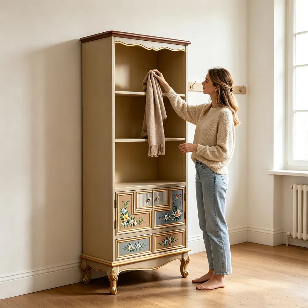 LIVARA 180cm Large Storage Cabinet - Vintage Display Wine Cabinet with Open Shelves, Drawer Storage & Hand-Painted Door Design for Dining Room - Champagne Gold