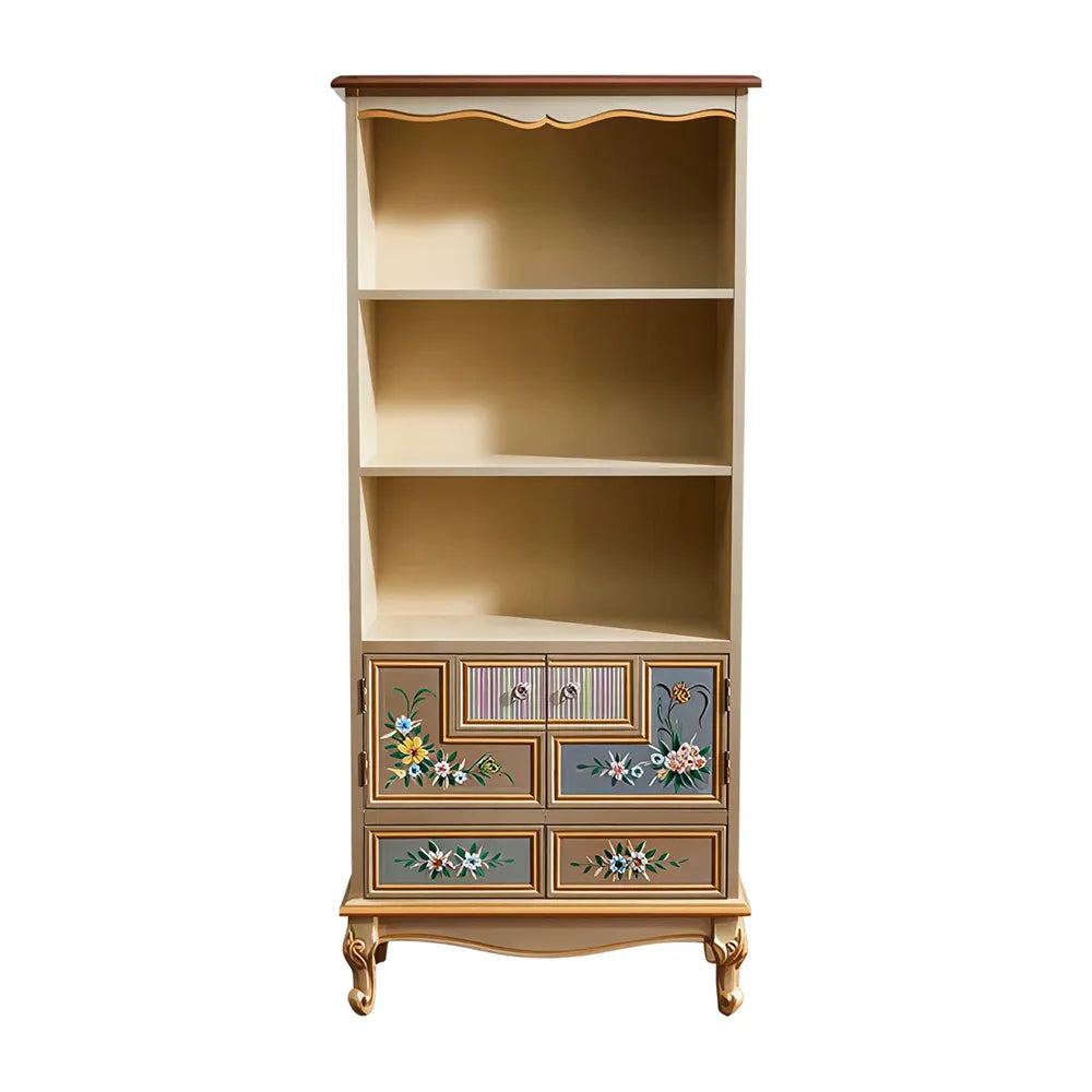 LIVARA 180cm Large Storage Cabinet - Vintage Display Wine Cabinet with Open Shelves, Drawer Storage & Hand-Painted Door Design for Dining Room - Champagne Gold