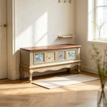 LIVARA 120cm Vintage Coffee Table - Hand-Painted Floral Design with Solid Wood Frame & Storage Drawer for Living Room - Champagne Gold