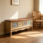 LIVARA 120cm Vintage Coffee Table - Hand-Painted Floral Design with Solid Wood Frame & Storage Drawer for Living Room - Champagne Gold