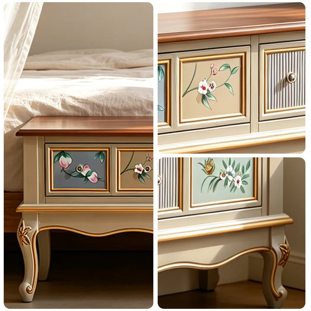 LIVARA 120cm Vintage Coffee Table - Hand-Painted Floral Design with Solid Wood Frame & Storage Drawer for Living Room - Champagne Gold