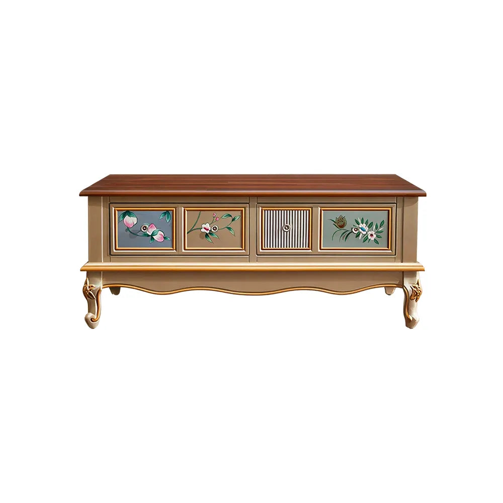 LIVARA 120cm Vintage Coffee Table - Hand-Painted Floral Design with Solid Wood Frame & Storage Drawer for Living Room - Champagne Gold