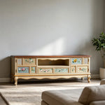 LIVARA 180cm Vintage TV Unit - Hand-Painted Floral Design with Storage Drawers & Solid Wood Frame for Living Room - Champagne Gold