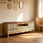 LIVARA 180cm Vintage TV Unit - Hand-Painted Floral Design with Storage Drawers & Solid Wood Frame for Living Room - Champagne Gold