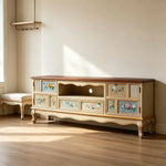 LIVARA 180cm Vintage TV Unit - Hand-Painted Floral Design with Storage Drawers & Solid Wood Frame for Living Room - Champagne Gold