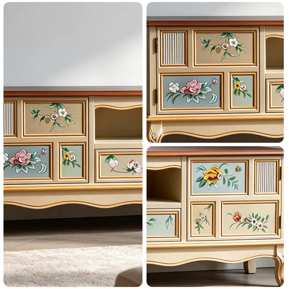 LIVARA 180cm Vintage TV Unit - Hand-Painted Floral Design with Storage Drawers & Solid Wood Frame for Living Room - Champagne Gold