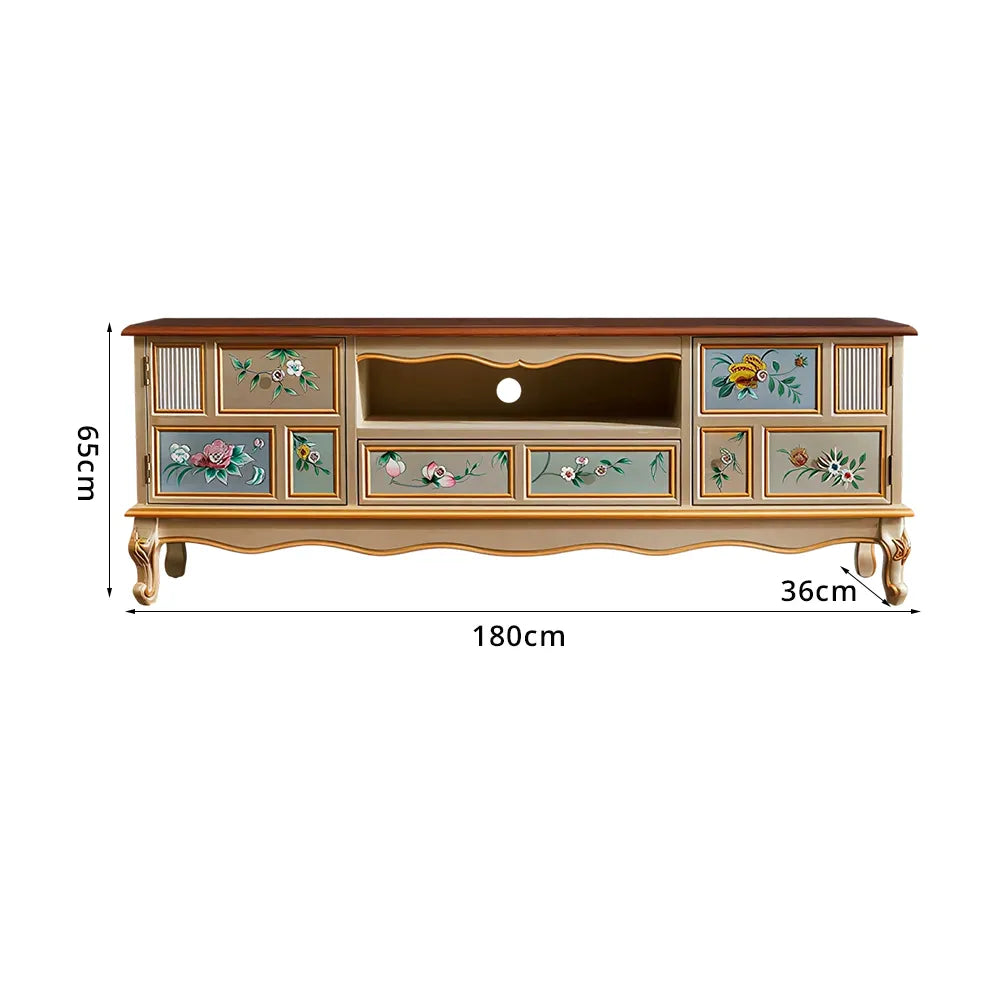 LIVARA 180cm Vintage TV Unit - Hand-Painted Floral Design with Storage Drawers & Solid Wood Frame for Living Room - Champagne Gold