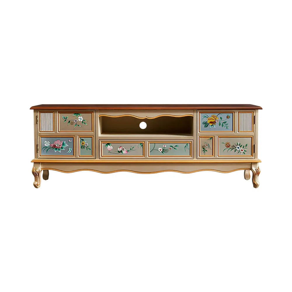 LIVARA 180cm Vintage TV Unit - Hand-Painted Floral Design with Storage Drawers & Solid Wood Frame for Living Room - Champagne Gold