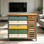 LIVARA 120cm Shoe Cabinet - Vintage Colour Block Design with Flip Doors, Drawers & Solid Wood Frame for Entryway - Teal & Multi
