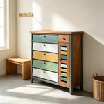 LIVARA 120cm Shoe Cabinet - Vintage Colour Block Design with Flip Doors, Drawers & Solid Wood Frame for Entryway - Teal & Multi