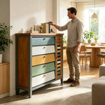 LIVARA 120cm Shoe Cabinet - Vintage Colour Block Design with Flip Doors, Drawers & Solid Wood Frame for Entryway - Teal & Multi