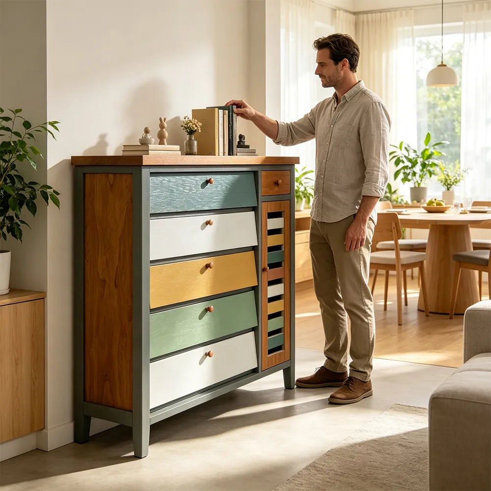 LIVARA 120cm Shoe Cabinet - Vintage Colour Block Design with Flip Doors, Drawers & Solid Wood Frame for Entryway - Teal & Multi