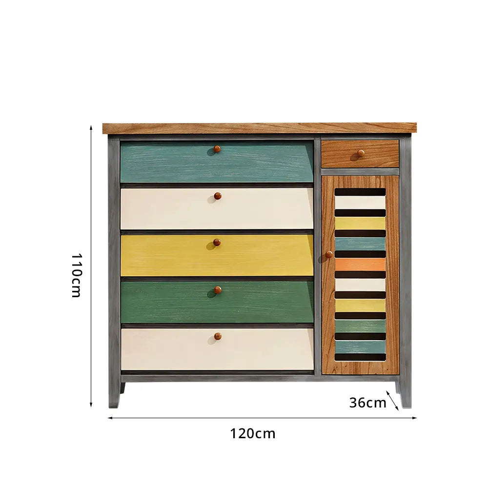 LIVARA 120cm Shoe Cabinet - Vintage Colour Block Design with Flip Doors, Drawers & Solid Wood Frame for Entryway - Teal & Multi