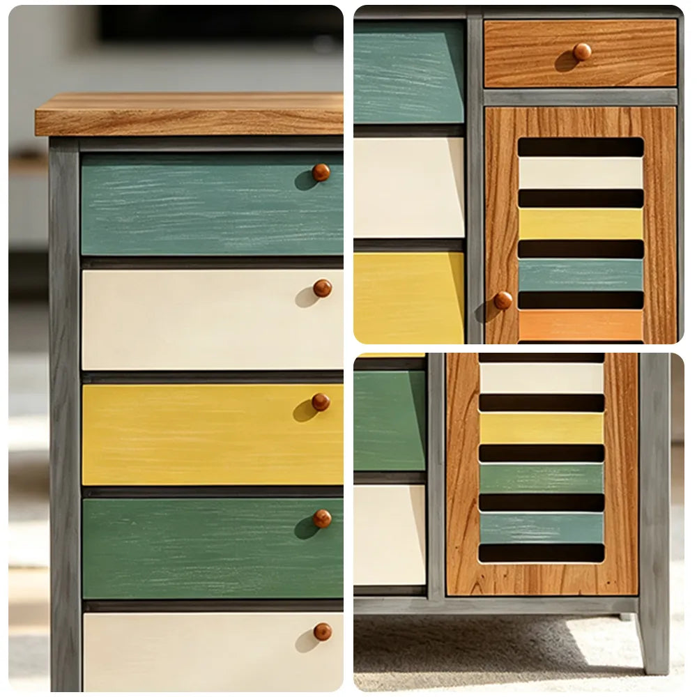 LIVARA 120cm Shoe Cabinet - Vintage Colour Block Design with Flip Doors, Drawers & Solid Wood Frame for Entryway - Teal & Multi