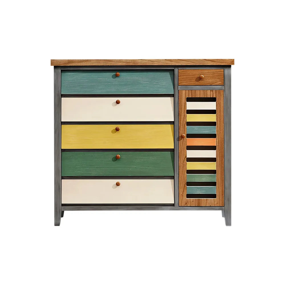 LIVARA 120cm Shoe Cabinet - Vintage Colour Block Design with Flip Doors, Drawers & Solid Wood Frame for Entryway - Teal & Multi