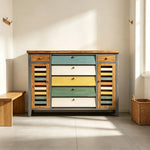 LIVARA 150cm Shoe Cabinet - Vintage Colour Block Design with Flip Doors, Drawers & Solid Wood Frame for Entryway - Teal & Multi