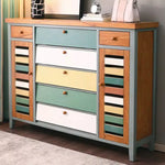 LIVARA 150cm Shoe Cabinet - Vintage Colour Block Design with Flip Doors, Drawers & Solid Wood Frame for Entryway - Teal & Multi