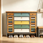 LIVARA 150cm Shoe Cabinet - Vintage Colour Block Design with Flip Doors, Drawers & Solid Wood Frame for Entryway - Teal & Multi