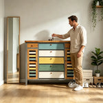 LIVARA 150cm Shoe Cabinet - Vintage Colour Block Design with Flip Doors, Drawers & Solid Wood Frame for Entryway - Teal & Multi
