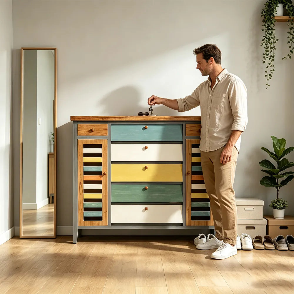 LIVARA 150cm Shoe Cabinet - Vintage Colour Block Design with Flip Doors, Drawers & Solid Wood Frame for Entryway - Teal & Multi
