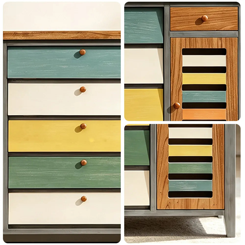 LIVARA 150cm Shoe Cabinet - Vintage Colour Block Design with Flip Doors, Drawers & Solid Wood Frame for Entryway - Teal & Multi