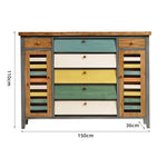 LIVARA 150cm Shoe Cabinet - Vintage Colour Block Design with Flip Doors, Drawers & Solid Wood Frame for Entryway - Teal & Multi