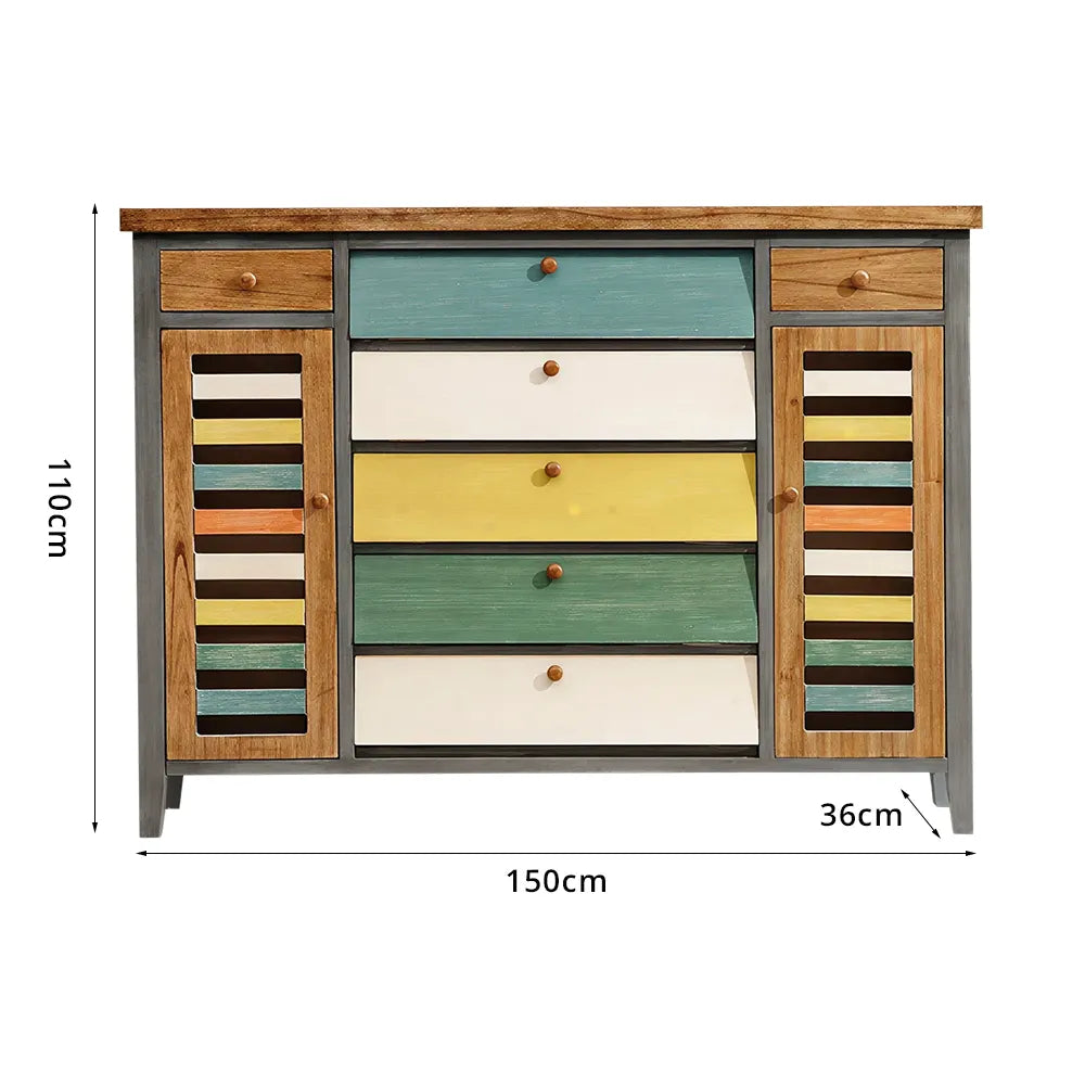 LIVARA 150cm Shoe Cabinet - Vintage Colour Block Design with Flip Doors, Drawers & Solid Wood Frame for Entryway - Teal & Multi