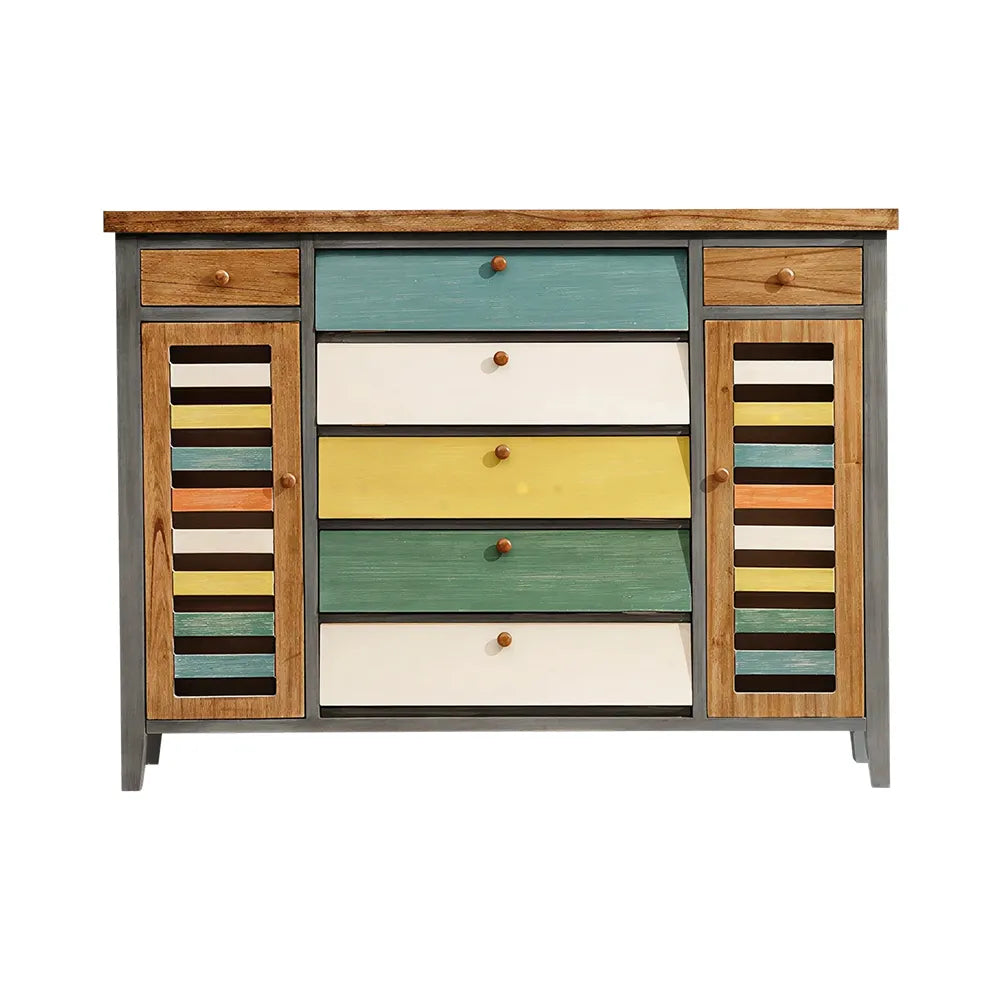 LIVARA 150cm Shoe Cabinet - Vintage Colour Block Design with Flip Doors, Drawers & Solid Wood Frame for Entryway - Teal & Multi