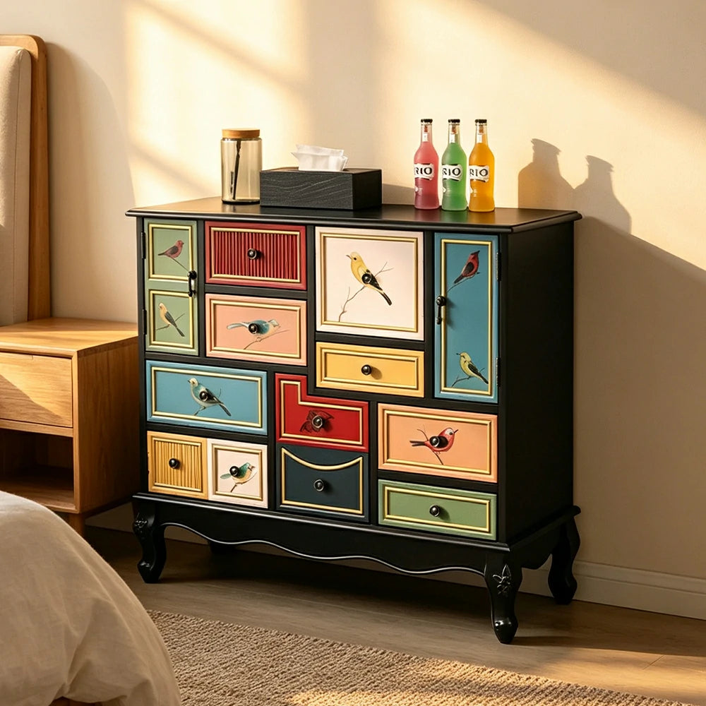 LIVARA 101cm 9-Drawer Storage Cabinet - Vintage Bird Painting Design with Double Door Storage & Solid Wood Legs for Living Room - Black & Multi