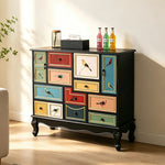 LIVARA 101cm 9-Drawer Storage Cabinet - Vintage Bird Painting Design with Double Door Storage & Solid Wood Legs for Living Room - Black & Multi