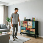 LIVARA 101cm 9-Drawer Storage Cabinet - Vintage Bird Painting Design with Double Door Storage & Solid Wood Legs for Living Room - Black & Multi