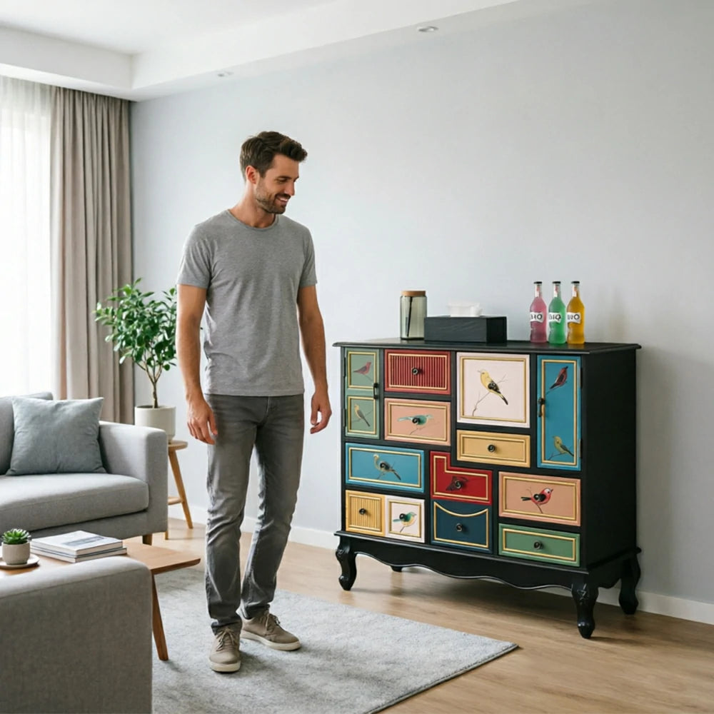 LIVARA 101cm 9-Drawer Storage Cabinet - Vintage Bird Painting Design with Double Door Storage & Solid Wood Legs for Living Room - Black & Multi